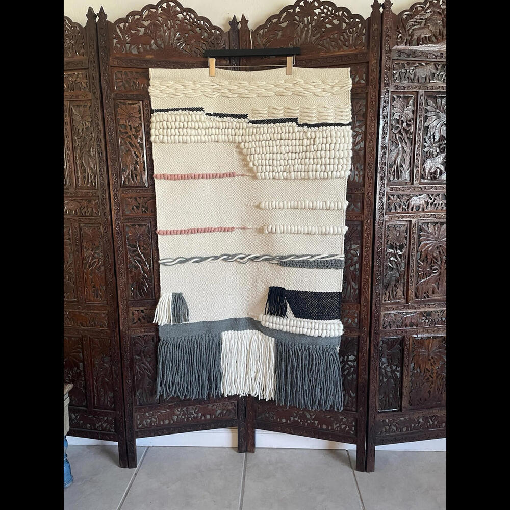 Woven Boho Natural Wool Wall Hanging Decor Tapestry Pink Gray Black Fringe 29x52